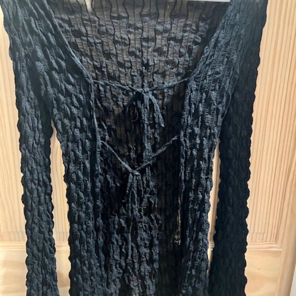 SHEIN black textured tie-front top, "popcorn" or "crinkle" long sleeve V neck